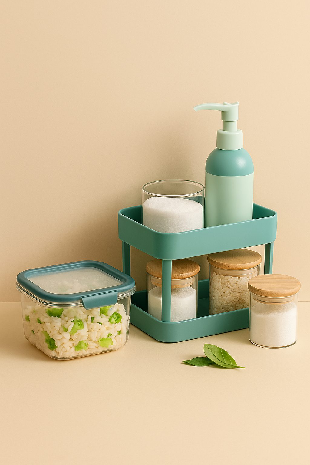 Food storage containers, kitchen jars, and organizer shelf.